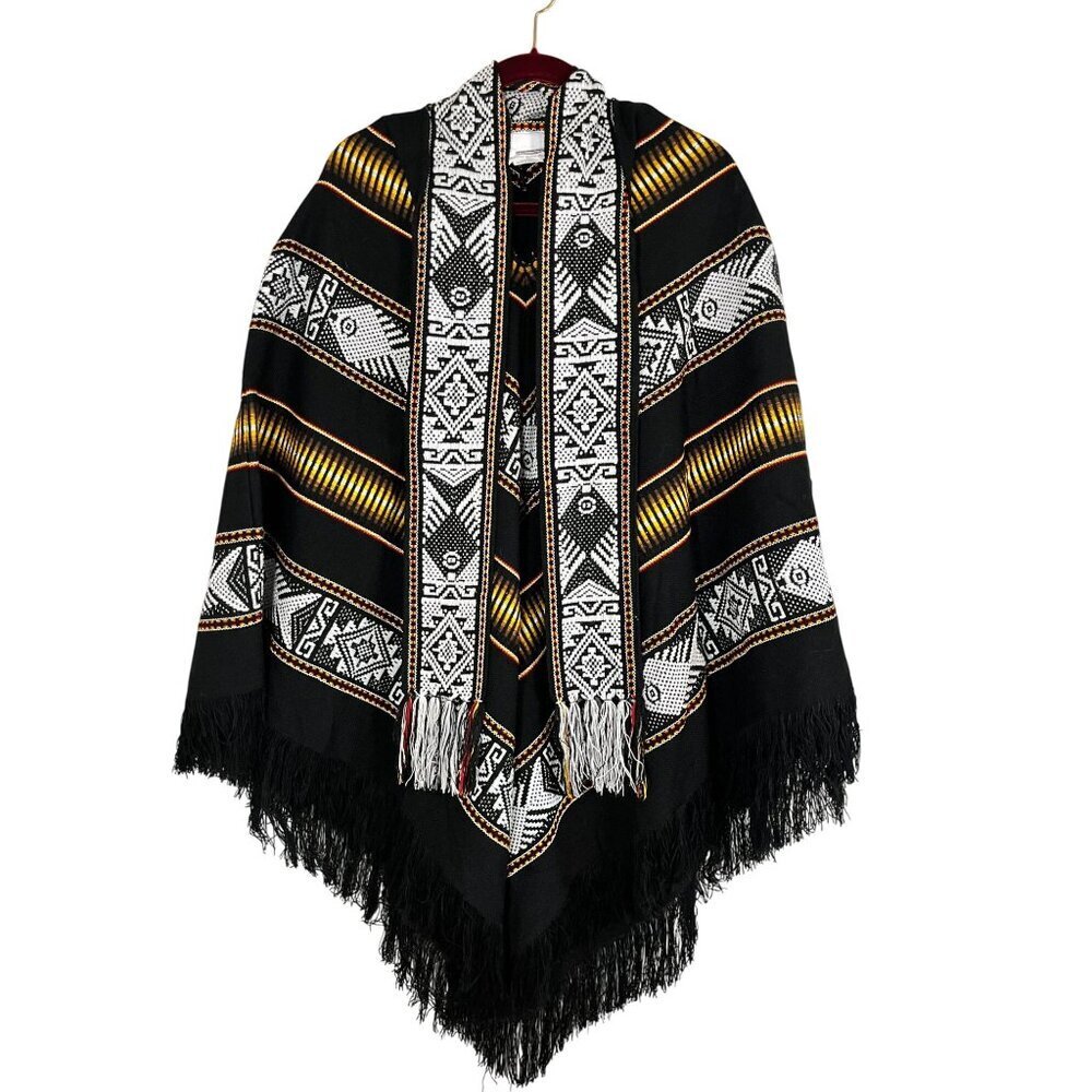 Wool Poncho Cape Embroidery Ecuadorian Shawl Native Spirit Woven Fringe Artisan